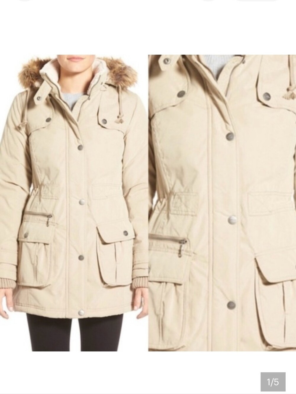 DKNY Tan 90s Boho Parka Women’s Cream Hooded Coat Faux Fur Trim Y2K Classy